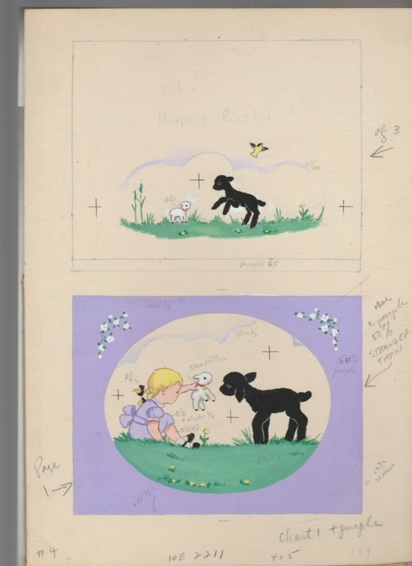 HAPPY EASTER Cute Girl w/ Lamb Black Sheep 2-Panel 8x11 Greeting Card Art #E2211