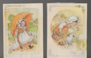 EASTER Cute Girl w/ Lamb Duck & Umbrella 2pcs 4x5.25 Greeting Card Art #nn