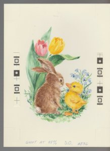 HAPPY EASTER Cute Bunny Rabbit w/ Duck & Tulips 7x9.5 Greeting Card Art #E2836