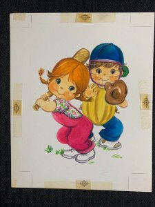 CUTE GIRL AND BOY Playing Baseball 6x7.5 Greeting Card Art #7991