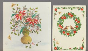 CHRISTMAS 2pcs Birds w/ Wreath & Poinsettia 5.5x6 Greeting Card Art #F8 37510