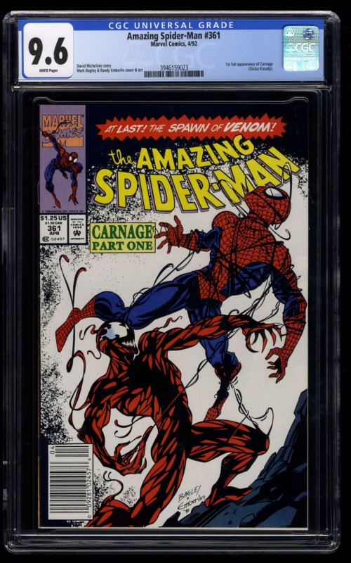 Amazing Spider-Man #361 CGC NM+ 9.6 White Pages Newsstand Variant 1st Carnage!