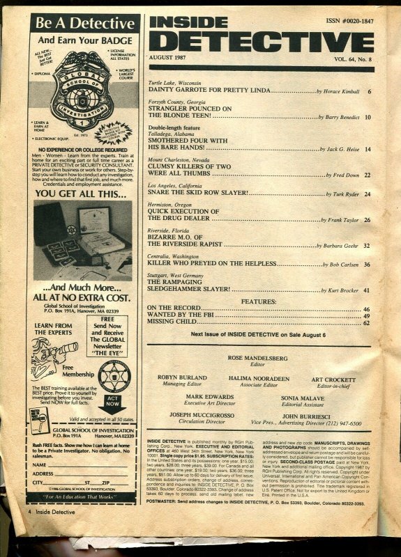 Inside Detective 8/1987-spicy babe in handcuffs-violent pulp crime thrills-FR