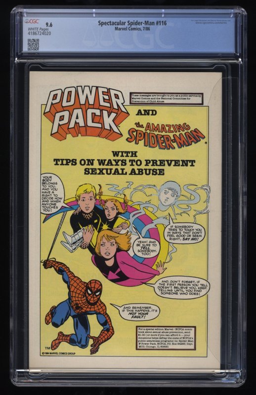 Spectacular Spider-Man #116 CGC NM+ 9.6 White Pages Sabretooth Appearance!