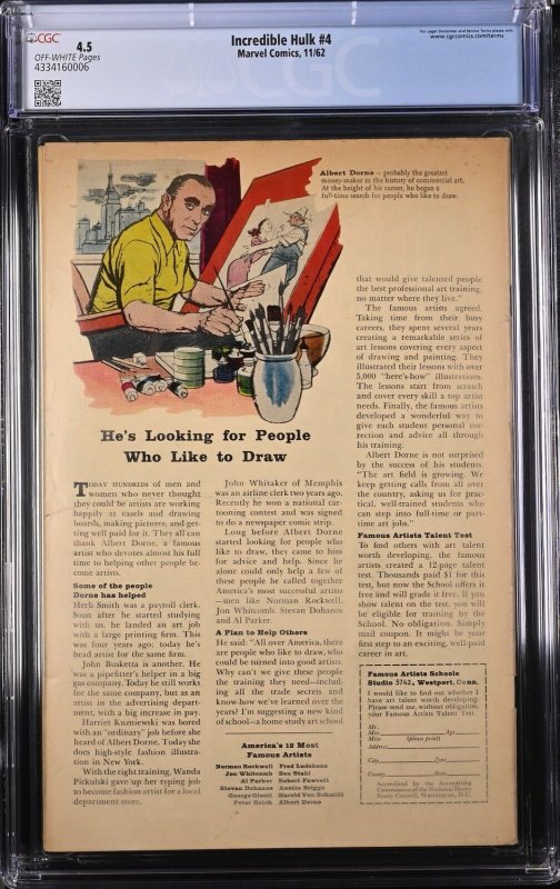 The Incredible Hulk #4 CGC 4.5 Marvel Comics 1962 Origin Of Hulk Retold