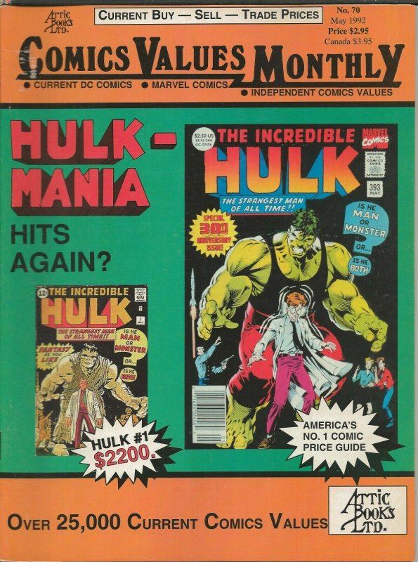 ORIGINAL Vintage May 1992 Comics Values Monthly Magazine #70 Incredible Hulk 