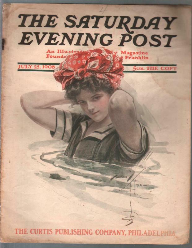 Saturday Evening Post 7/25/1908-Harrison Fischer GGA cover-pulp fiction-G/VG