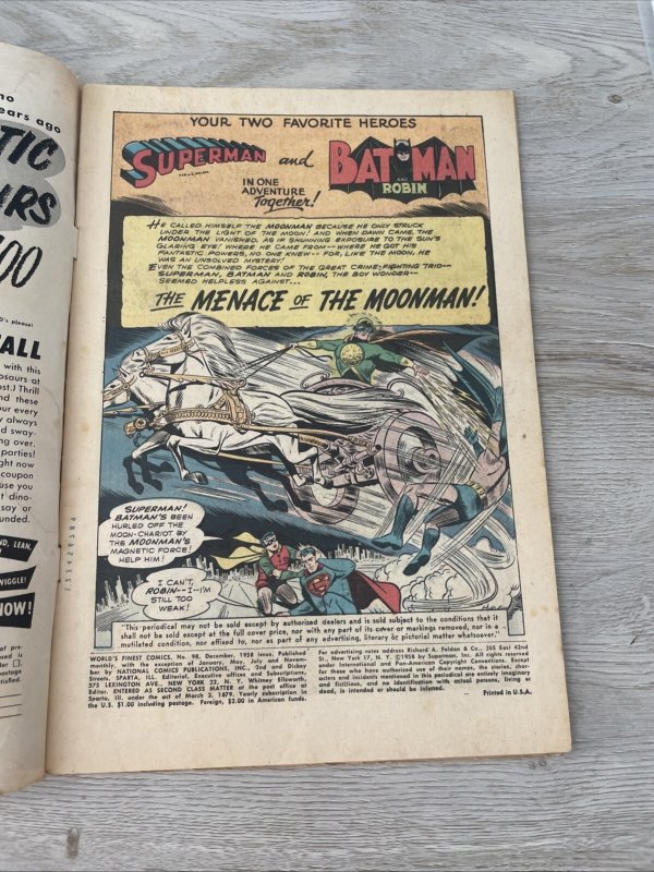 World's Finest Comics #98 Early Silver Age Batman Superman DC Comic 1958