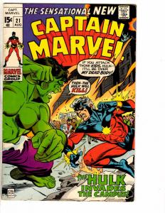 Captain Marvel # 21 VF Comic Book Hulk Silver Age Avengers Thor Iron Man J233