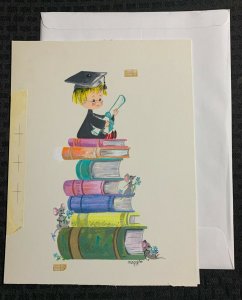 GRADUATION Cute Child in Cap & Gown on Books 8.5x11 Greeting Card Art #G-1235