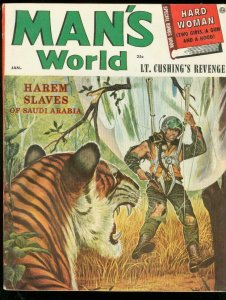 MAN'S WORLD JAN 1957-TIGER & PARACHUTE COVER-HAREMS-WW2 FN/VF