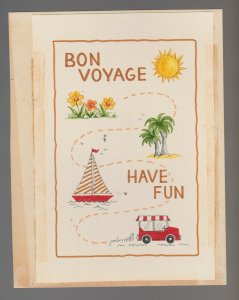 BON VOYAGE Have Fun w/ Car Boat Sun & Flowers 6.5x8.5 Greeting Card Art #BV4269