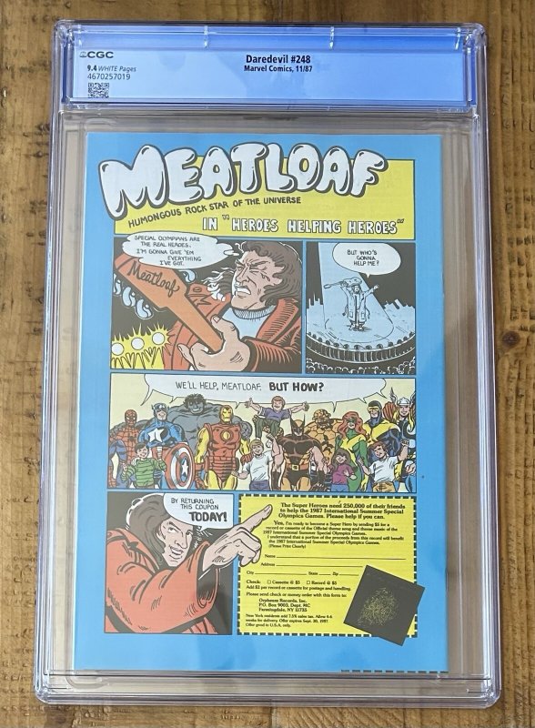 Daredevil #248 CGC 9.4 White Pages Wolverine Appearance 1987
