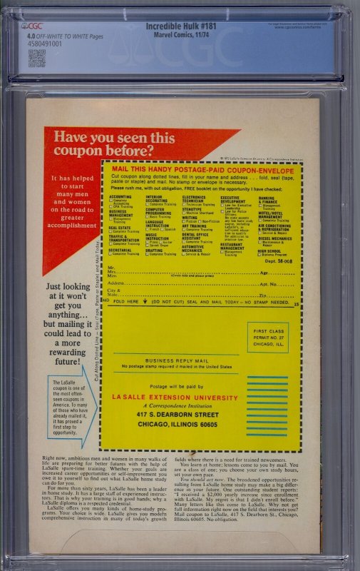 Incredible Hulk #181 1974 Marvel Comics CGC 4.0 1st app Wolverine