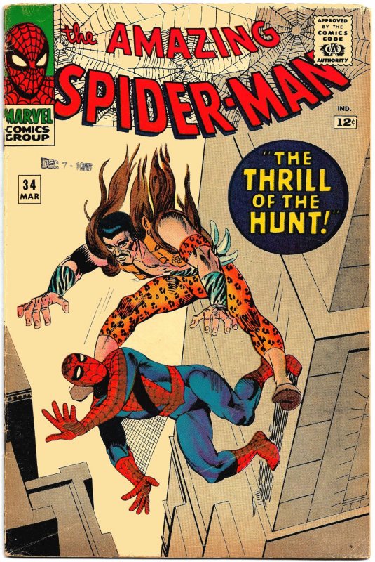 AMAZING SPIDER-MAN #34 (Mar1966) 4.0 VG  All Steve Ditko!  Kraven the Hunter!