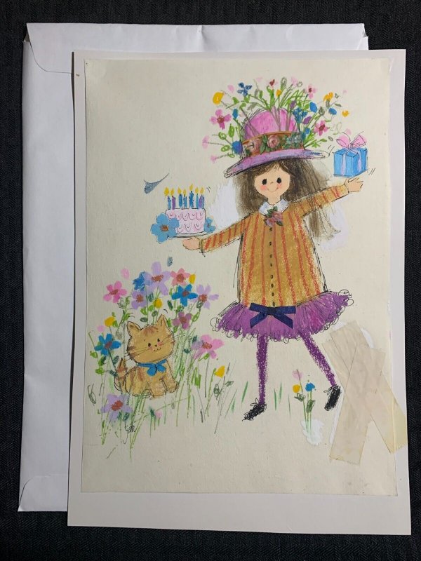BIRTHDAY Cute Girl w/ Cake Present & Kitten 8.5x12 Greeting Card Art B8114