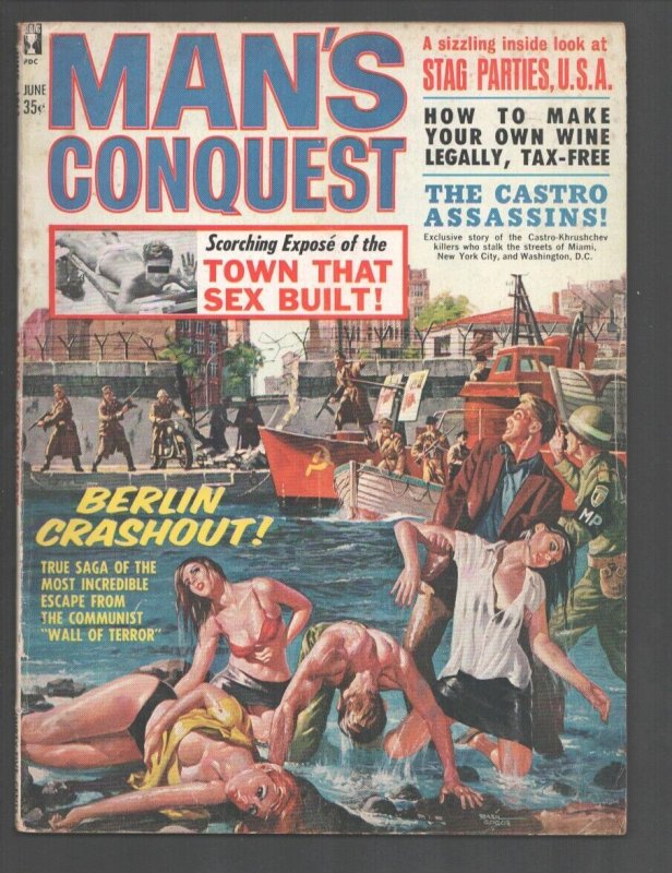 Man's Conquest 6/1963-spicy Basil Gogos cover art-Castro Assassins-commie ter...