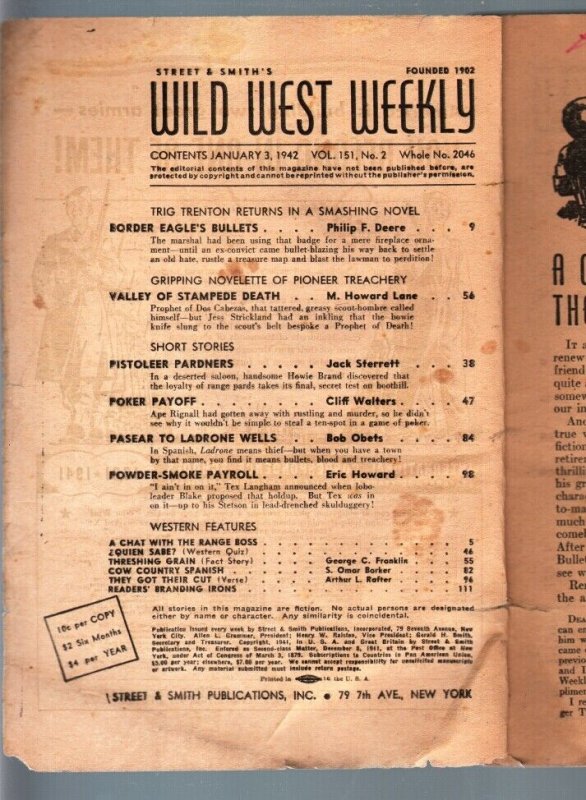WILD WEST WEEKLY 1/3/1942-WESTERN PULP-STREET & SMITH P/FR