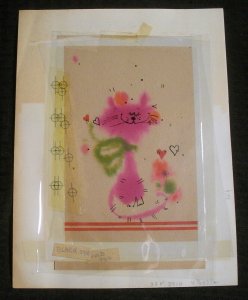 VALENTINE Pink Cat w/ Green Collar & Hearts 9x11.5 Greeting Card Art #3910