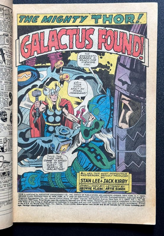 Thor #168 (1969) 1st Thermal Man - Jack Kirby Iconic Galactus Cvr - GD+