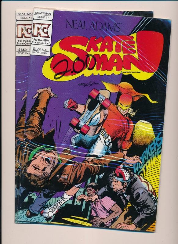 PC Comics SKATE MAN #1, Neal Adams Lot of 2 Shrink Wrapped comics ~ VF+ (HX880) 