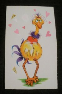 VALENTINE Painted Goofy Ostrich w/ Hearts 4.5x7.25 Greeting Card Art #3708