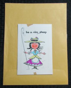 BE A NICE SHEEP Cute Cartoon Shepherd Girl 5x7 Greeting Card Art #C1660