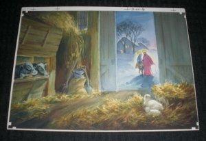CHRISTMAS Nativity Stable w/ Cows & Sheep 9.25x7 Greeting Card Art #200-8