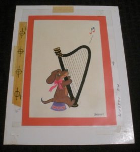 VALENTINE Cartoon Dog Playing Harp 7x9 Greeting Card Art #V3883