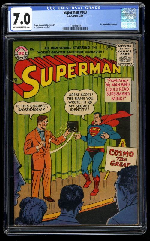 Superman #103 CGC FN/VF 7.0 Off White to White 1st Cosmo The Great!