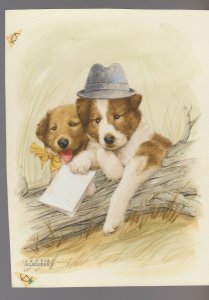 FATHERS DAY Painted Dogs w/ Hat & Note 5.5x7.5 Greeting Card Art #FD7629