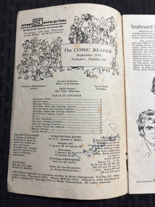 1974 THE COMIC READER Fanzine #110 VG 4.0 Luke Cage Cover SIGNED by Ron Wilson