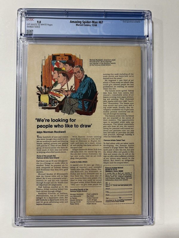 Amazing Spider-Man 67 1968 Cgc 9.0 OW/W pages Marvel Comics