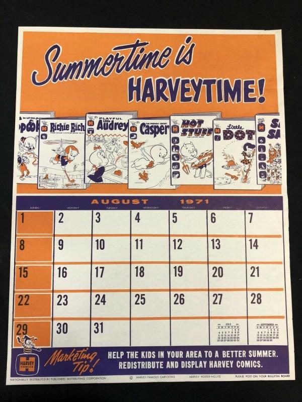Harvey Comics Summer Lineup poster Promo Sales Calendar- August 1971
