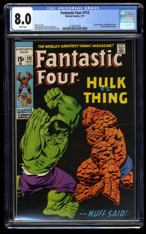 Fantastic Four #112 CGC VF 8.0 White Pages Hulk Vs Thing! Marvel Comics