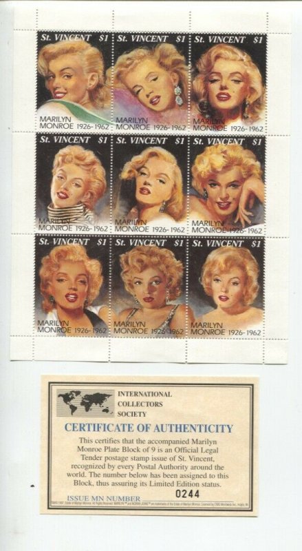 Marilyn Monroe Plate Block Postage Stamp Sheet 1997-St Vincebt-9 stamps-certi...