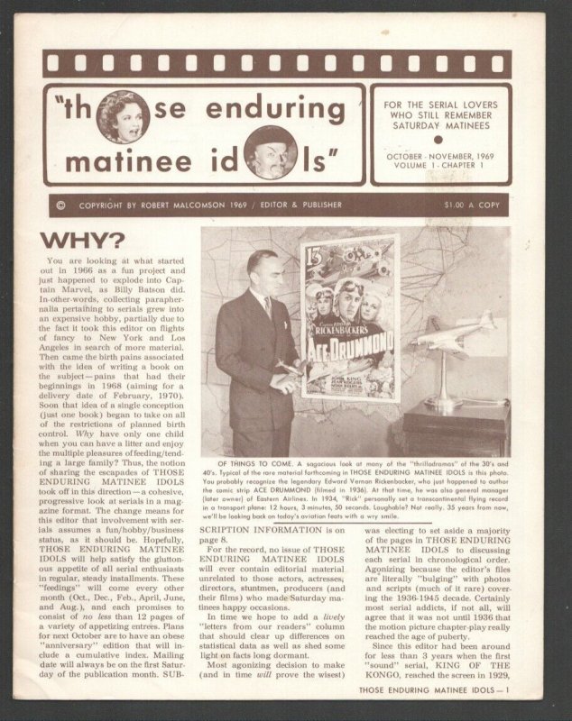 Those Enduring Matinee Idols #1 10/1969-Movie serial fanzine-Film images-arti...