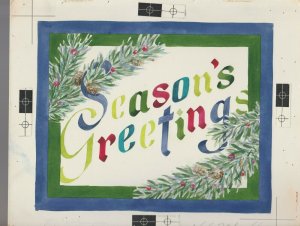 SEASONS GREETING Lettering w/ Pine Boughs & Cones 11x9 Greeting Card Art #104