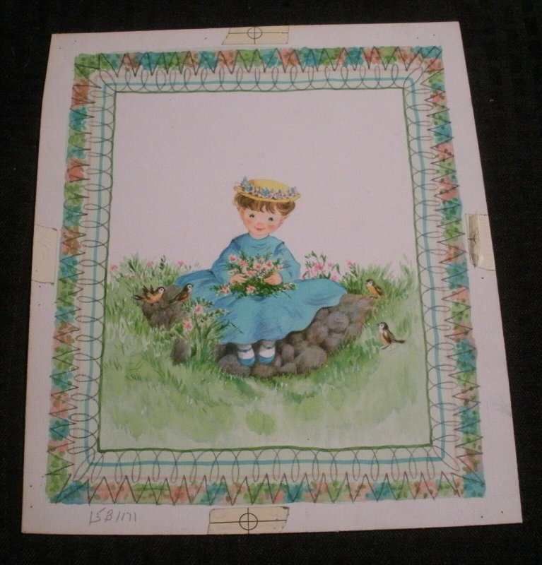 BIRTHDAY Cute Girl on Stone Wall w/ Birds Flowers 9x10 Greeting Card Art #B1171