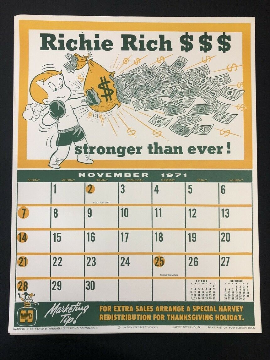 RICHIE RICH Harvey Comics Promo Sales Calendar Poster -November 1971 |  Comic Books - Silver Age, Harvey, Richie Rich, Cartoon Character / HipComic