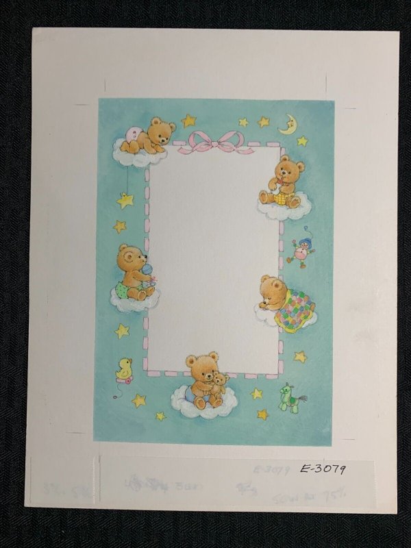 PRECIOUS NEW BABY Cute Teddy Bear Cub Border 8.25x10.5 Greeting Card Art #3079
