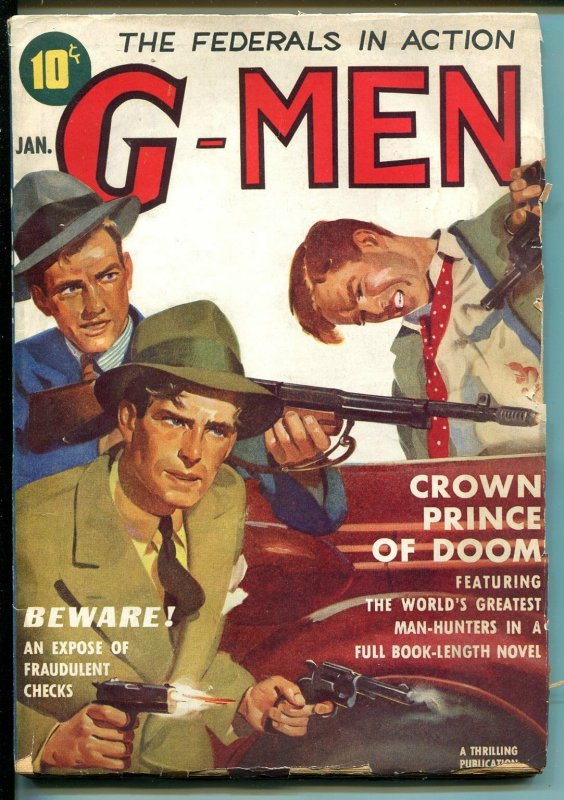 G-MEN 1/1939-THRILLING-FBI-HOOVER-PUBLIC ENEMIES-GUNFIGHT COVER-vg