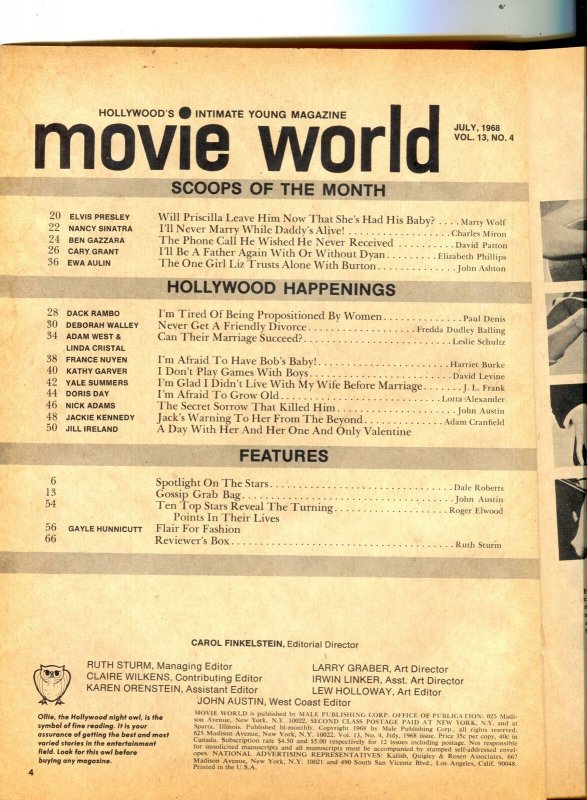 Movie World-Cary Grant-Nancy Sinatra-Elvis-July-1968