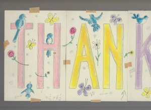 THANK YOU Lettering with Birds & Flowers 14.25x7 Greeting Card Art #T1979