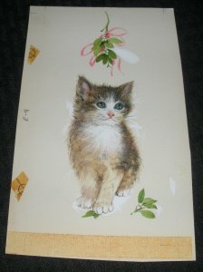 CHRISTMAS Cute Kitten Cat Under Mistletoe 4.75x8  Greeting Card Art #E40