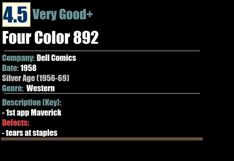 Four Color 892 (1958) VG+ 4.5 1st app Maverick Dell Comics