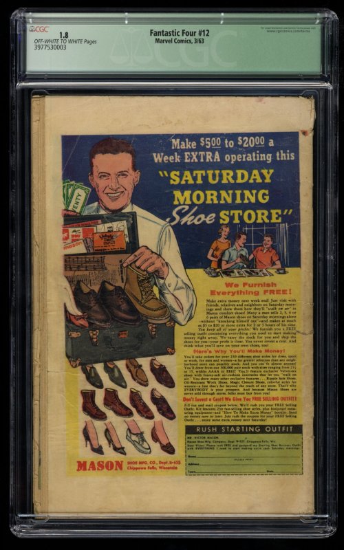 Fantastic Four #12 CGC GD- 1.8 Qualified  1st Hulk vs Thing Battle!