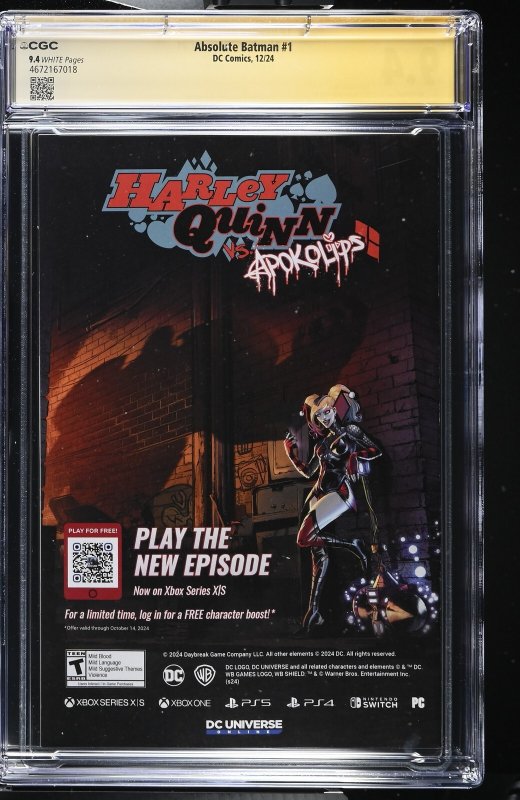 ABSOLUTE BATMAN #1 DC 2024 1ST PRINT SCOTT SNYDER SIGNED CGC SS 9.4 NM