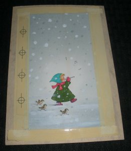 CHRISTMAS Cute Girl Playing Flute w/ Birds 5.75x8 Greeting Card Art #67