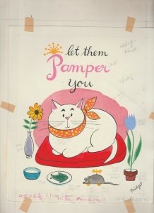 LET THEM PAMPER YOU Cartoon Fat Cat w/ Mouse Toy 8x9.5 Greeting Card Art #C1680